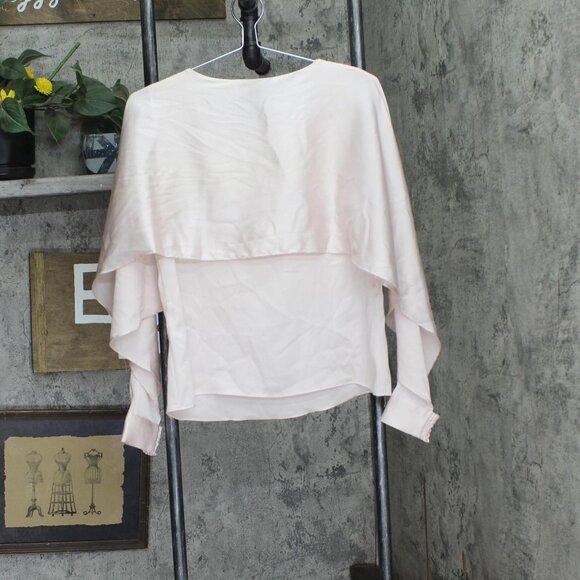 DKNY Womens Petite Solid Crewneck Smocked-Cuff Cape Blouse Champagne Pink PM - Picture 2 of 8